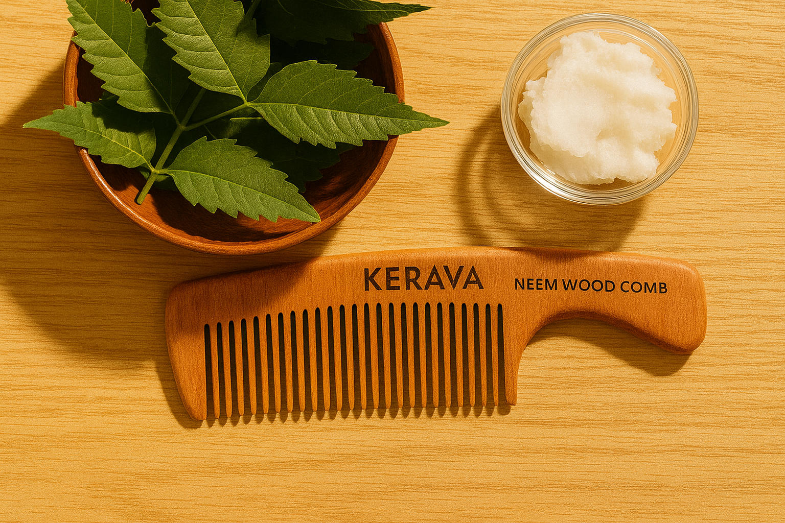 Neem leaves and coconut oil with comb