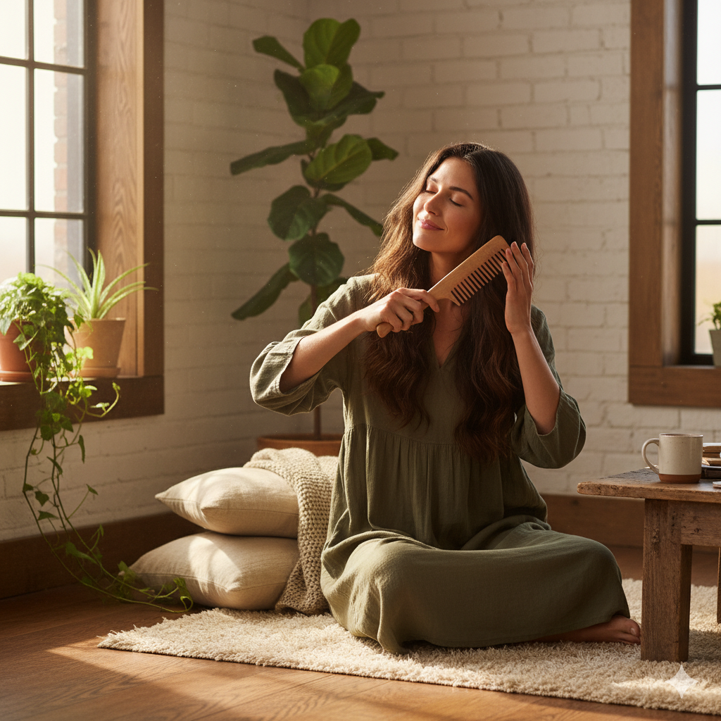 Woman using Kerava neem comb for scalp massage in a peaceful natural setting